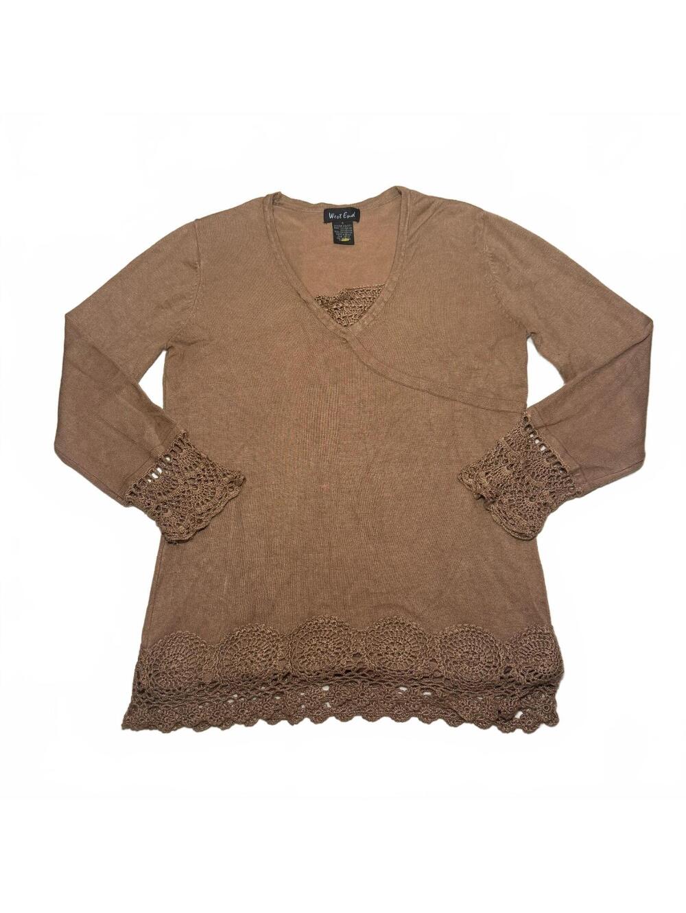 West End Brown Rayon Nylon Blend Long Sleeve Sweater with Crochet Trim, Size S